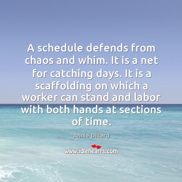 A schedule defends from chaos and whim. Annie Dillard Picture Quote