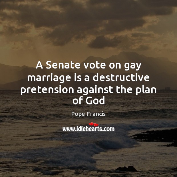 A Senate vote on gay marriage is a destructive pretension against the plan of God Marriage Quotes Image