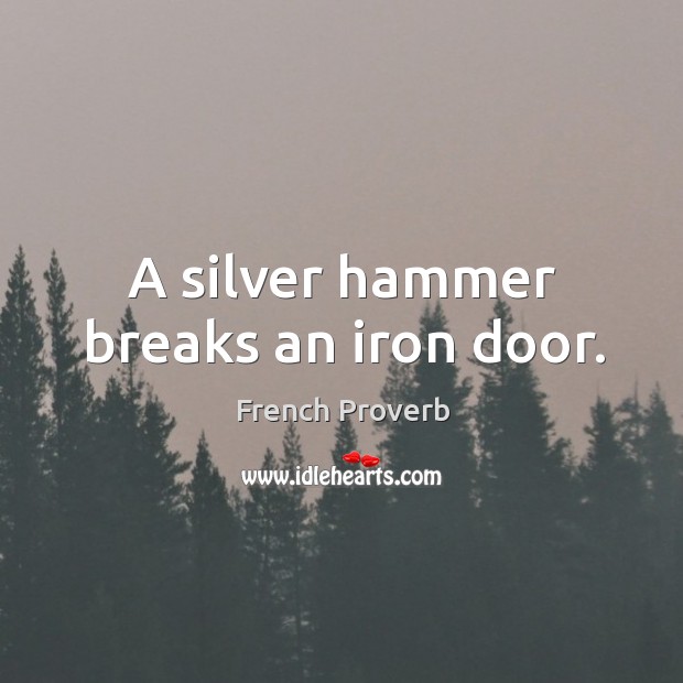 A silver hammer breaks an iron door. French Proverbs Image