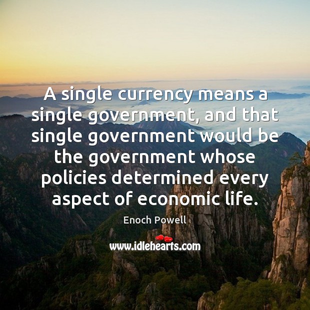 A single currency means a single government, and that single government would Enoch Powell Picture Quote