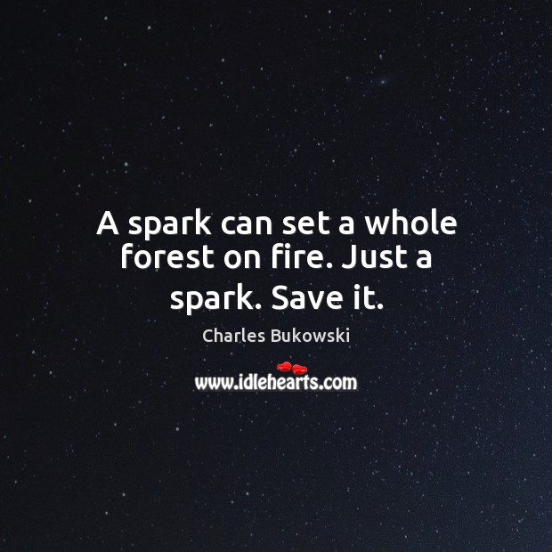 A spark can set a whole forest on fire. Just a spark. Save it. Charles Bukowski Picture Quote