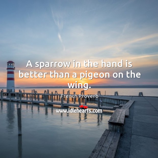 A sparrow in the hand is better than a pigeon on the wing. French Proverbs Image
