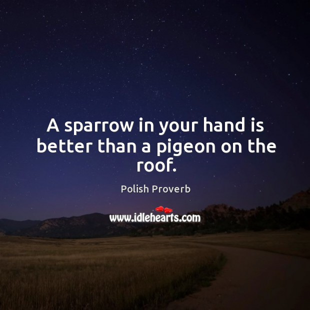 A sparrow in your hand is better than a pigeon on the roof. Polish Proverbs Image
