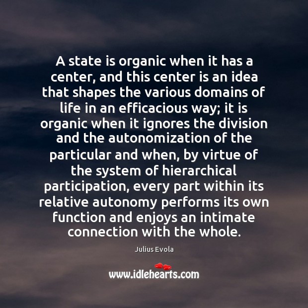 A state is organic when it has a center, and this center Julius Evola Picture Quote
