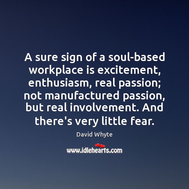 A sure sign of a soul-based workplace is excitement, enthusiasm, real passion; David Whyte Picture Quote