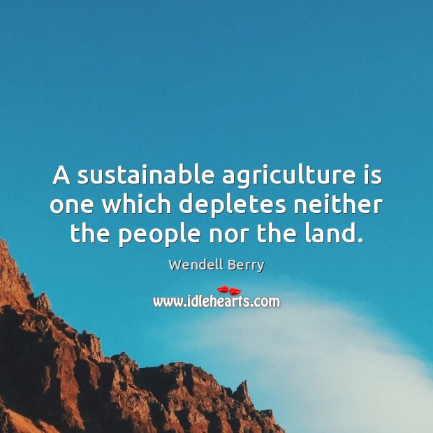 A sustainable agriculture is one which depletes neither the people nor the land. Wendell Berry Picture Quote