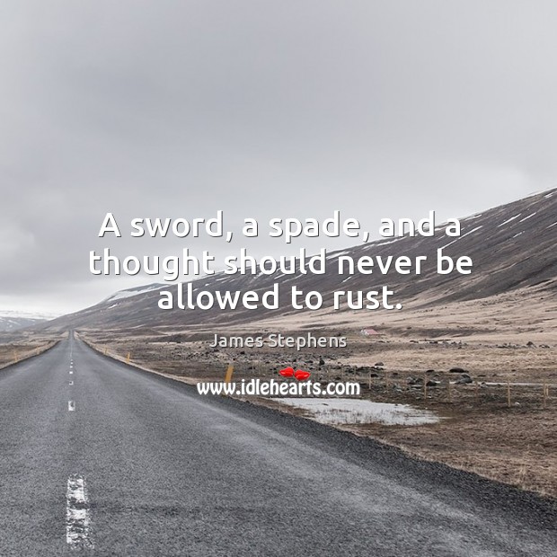 A sword, a spade, and a thought should never be allowed to rust. James Stephens Picture Quote