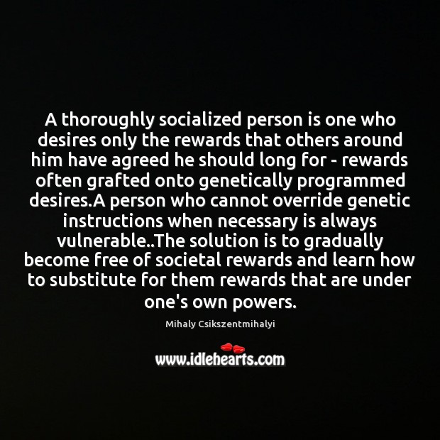 A thoroughly socialized person is one who desires only the rewards that Mihaly Csikszentmihalyi Picture Quote