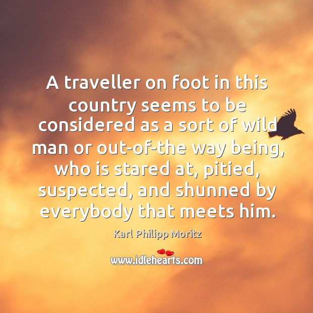A traveller on foot in this country seems to be considered as a sort of wild man or out-of-the way being Karl Philipp Moritz Picture Quote
