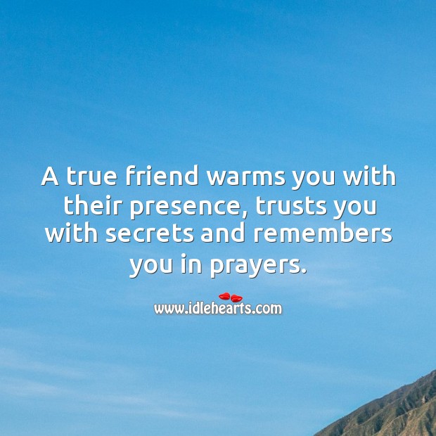 A true friend warms you with their presence, trusts you with secrets and remembers you in prayers. True Friends Quotes Image