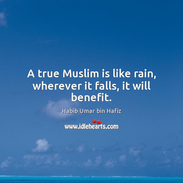 A true Muslim is like rain, wherever it falls, it will benefit. Habib Umar bin Hafiz Picture Quote