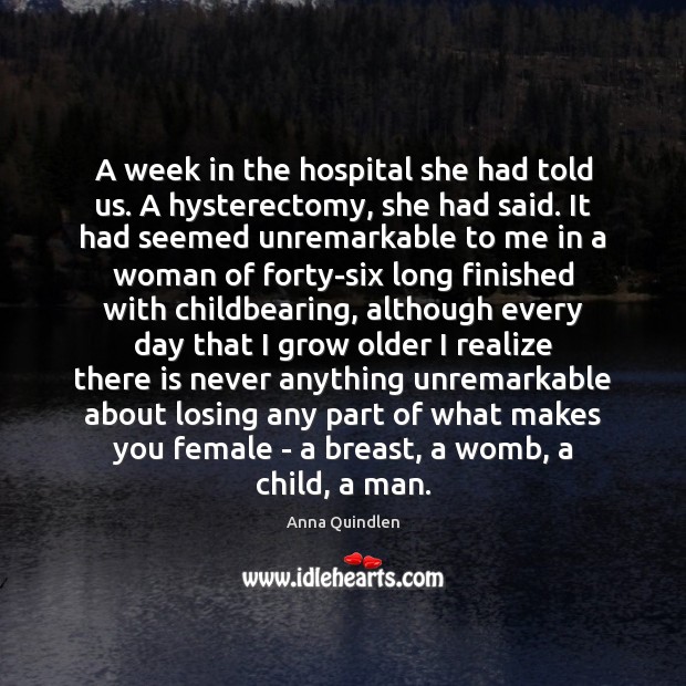 A week in the hospital she had told us. A hysterectomy, she Anna Quindlen Picture Quote