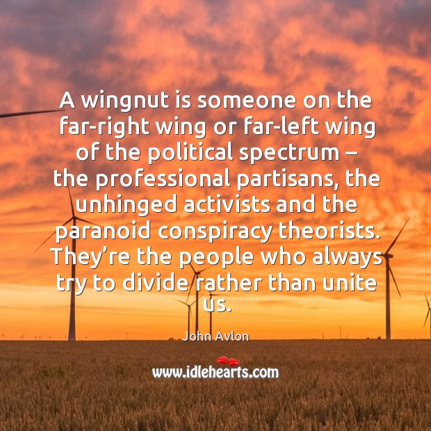 A wingnut is someone on the far-right wing or far-left wing of the political spectrum John Avlon Picture Quote
