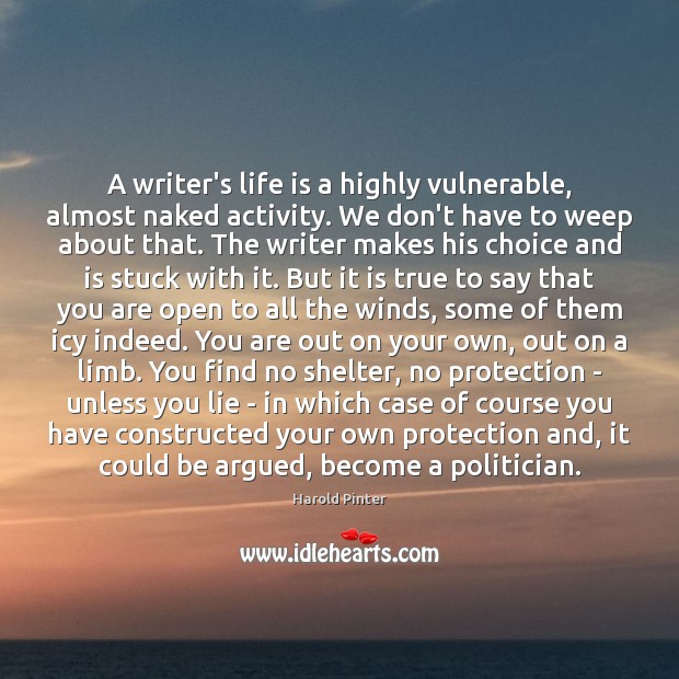 A writer’s life is a highly vulnerable, almost naked activity. We don’t Harold Pinter Picture Quote