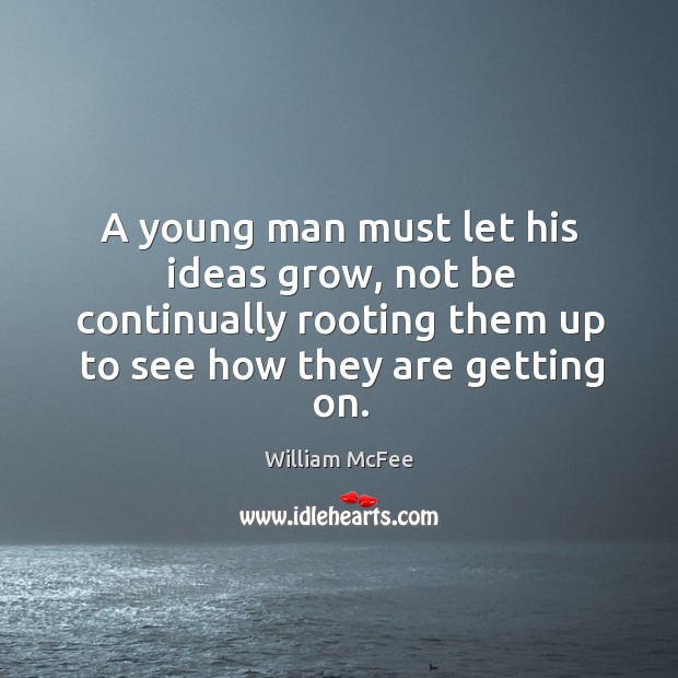 A young man must let his ideas grow, not be continually rooting them up to see how they are getting on. William McFee Picture Quote