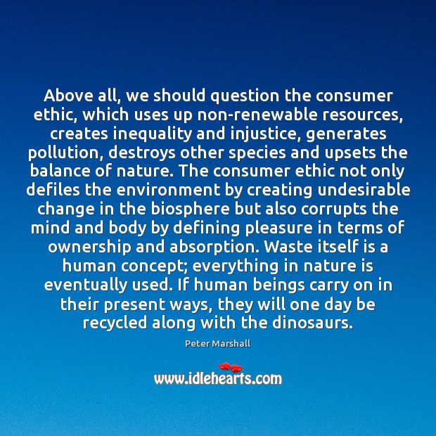Above all, we should question the consumer ethic, which uses up non-renewable Image