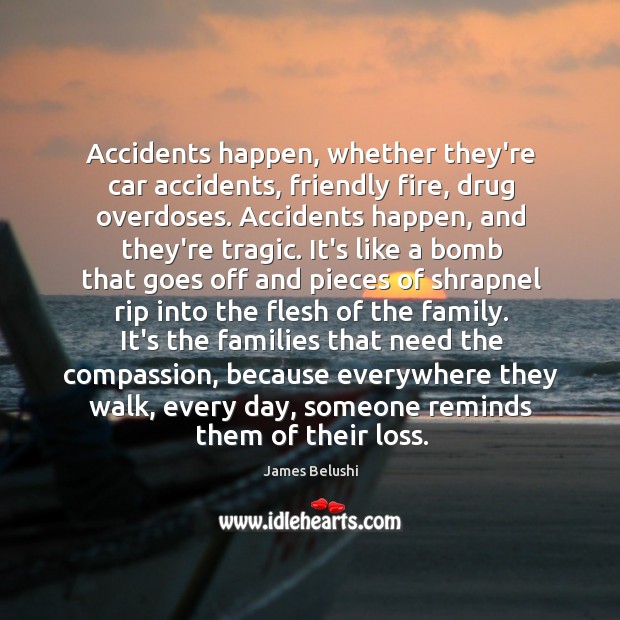 Accidents happen, whether they’re car accidents, friendly fire, drug overdoses. Accidents happen, James Belushi Picture Quote