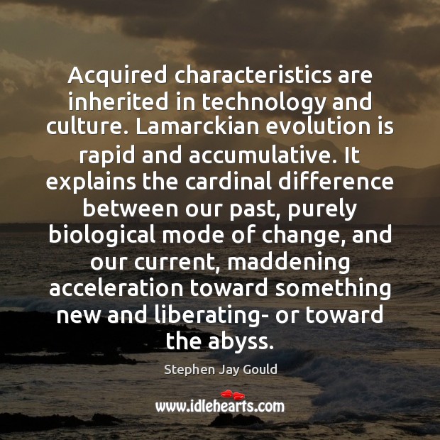 Acquired characteristics are inherited in technology and culture. Lamarckian evolution is rapid Stephen Jay Gould Picture Quote