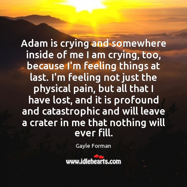 Adam is crying and somewhere inside of me I am crying, too, Gayle Forman Picture Quote