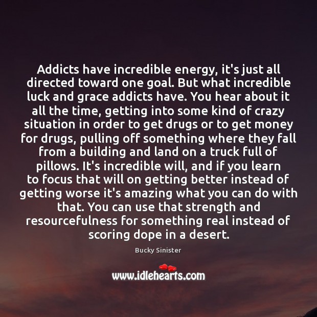 Addicts have incredible energy, it’s just all directed toward one goal. But Bucky Sinister Picture Quote