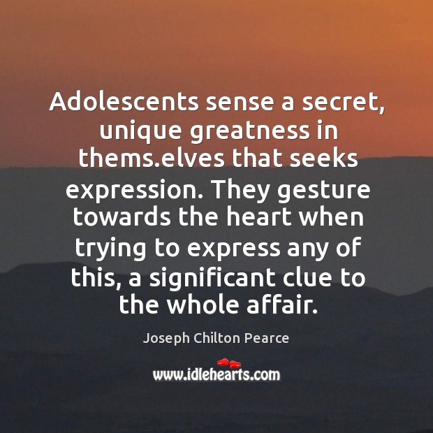 Adolescents sense a secret, unique greatness in thems.elves that seeks expression. Joseph Chilton Pearce Picture Quote