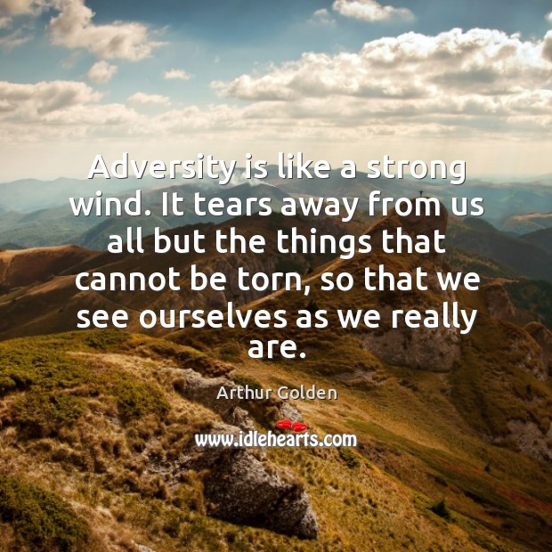 Adversity is like a strong wind. It tears away from us all but the things that cannot be Arthur Golden Picture Quote