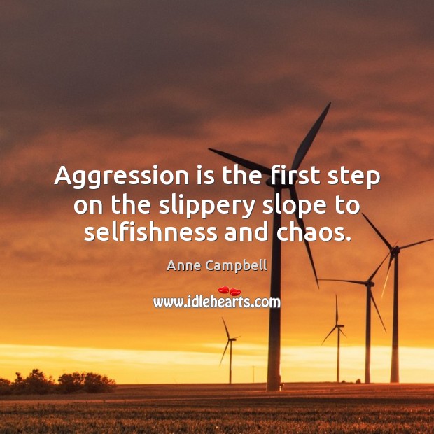 Aggression is the first step on the slippery slope to selfishness and chaos. Anne Campbell Picture Quote