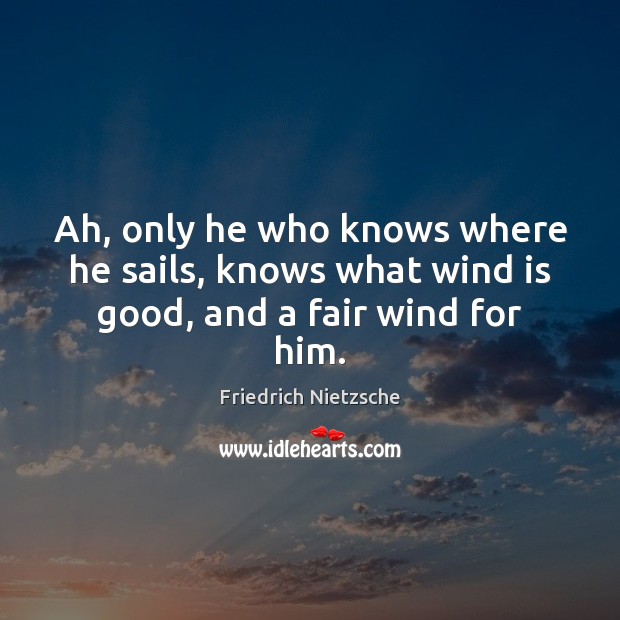 Ah, only he who knows where he sails, knows what wind is good, and a fair wind for him. Friedrich Nietzsche Picture Quote