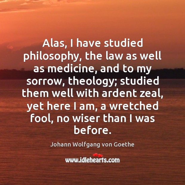 Alas, I have studied philosophy, the law as well as medicine, and Johann Wolfgang von Goethe Picture Quote