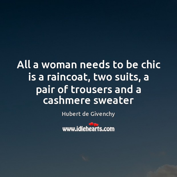 All a woman needs to be chic is a raincoat, two suits, Hubert de Givenchy Picture Quote