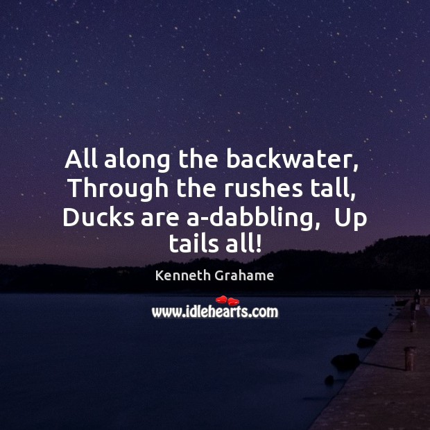 All along the backwater,  Through the rushes tall,  Ducks are a-dabbling,  Up tails all! Kenneth Grahame Picture Quote