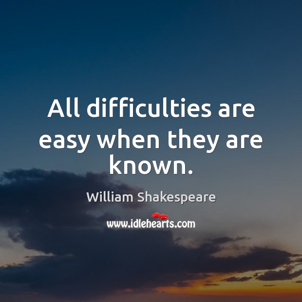 All difficulties are easy when they are known. William Shakespeare Picture Quote