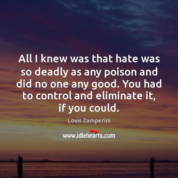 All I knew was that hate was so deadly as any poison Louis Zamperini Picture Quote