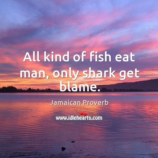 All kind of fish eat man, only shark get blame. Jamaican Proverbs Image