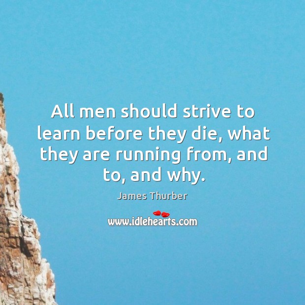 All men should strive to learn before they die, what they are running from, and to, and why. James Thurber Picture Quote