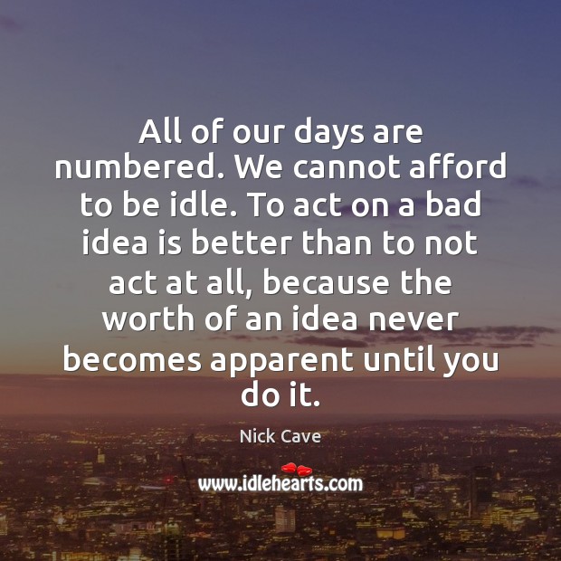 All of our days are numbered. We cannot afford to be idle. Nick Cave Picture Quote