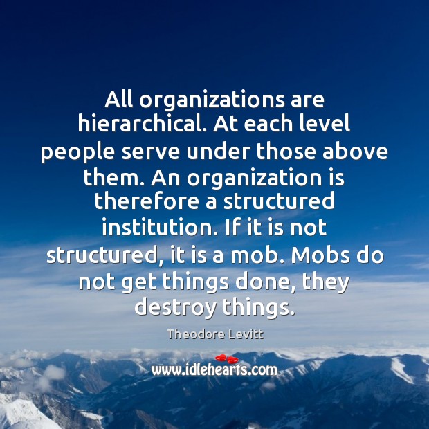 All organizations are hierarchical. At each level people serve under those above Theodore Levitt Picture Quote