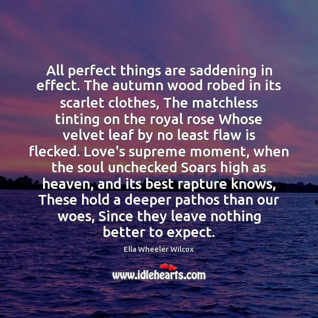 All perfect things are saddening in effect. The autumn wood robed in Ella Wheeler Wilcox Picture Quote