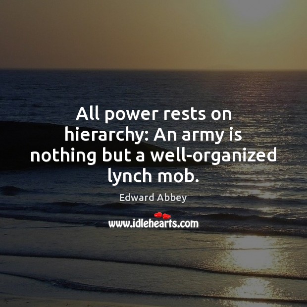 All power rests on hierarchy: An army is nothing but a well-organized lynch mob. Edward Abbey Picture Quote