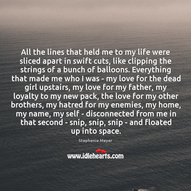 All the lines that held me to my life were sliced apart Stephenie Meyer Picture Quote