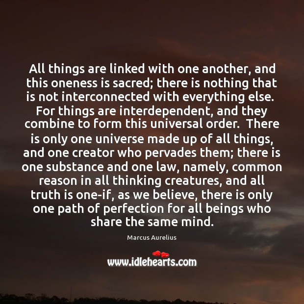 All things are linked with one another, and this oneness is sacred; Marcus Aurelius Picture Quote