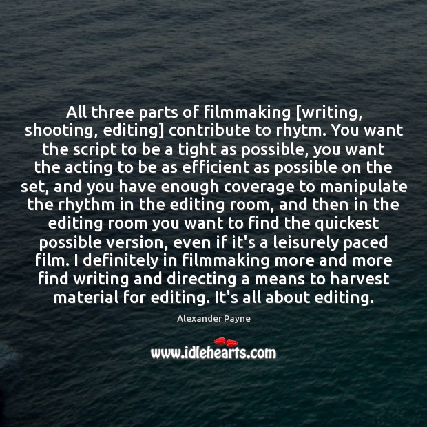 All three parts of filmmaking [writing, shooting, editing] contribute to rhytm. You Image