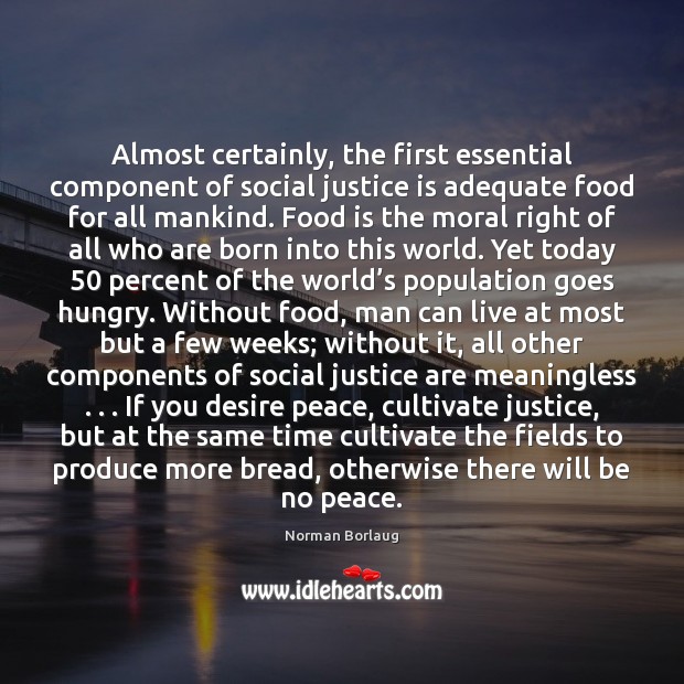 Almost certainly, the first essential component of social justice is adequate food Norman Borlaug Picture Quote