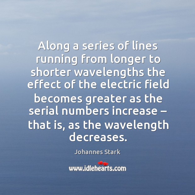 Along a series of lines running from longer to shorter wavelengths the effect of the electric field Johannes Stark Picture Quote