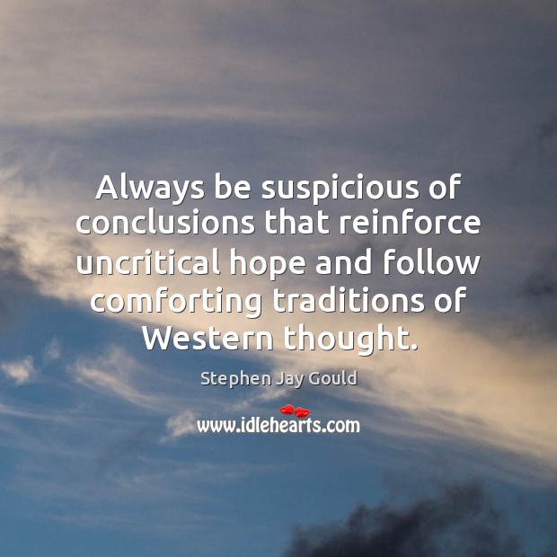 Always be suspicious of conclusions that reinforce uncritical hope and follow comforting Stephen Jay Gould Picture Quote
