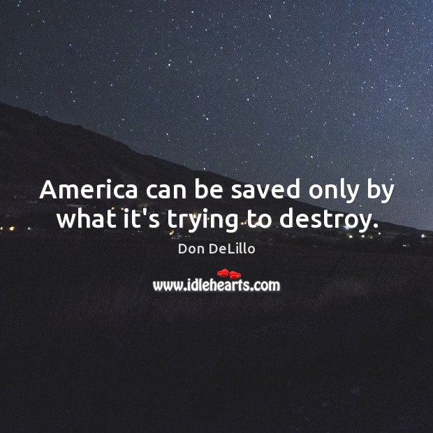 America can be saved only by what it’s trying to destroy. Don DeLillo Picture Quote