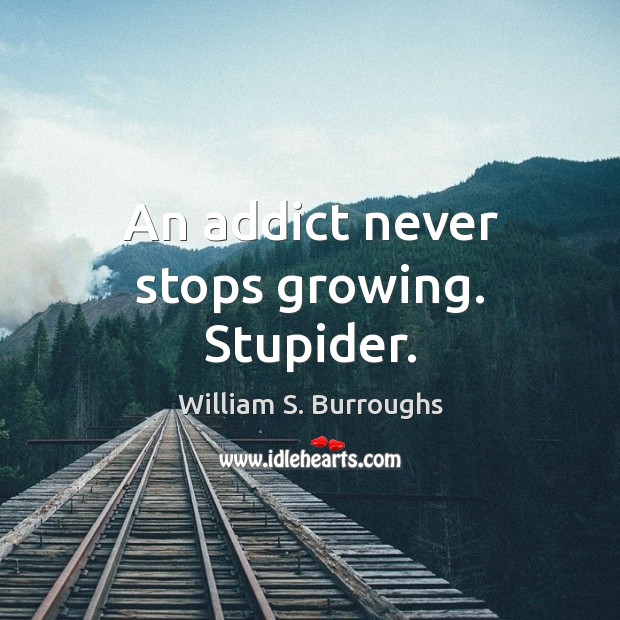 An addict never stops growing. Stupider. William S. Burroughs Picture Quote