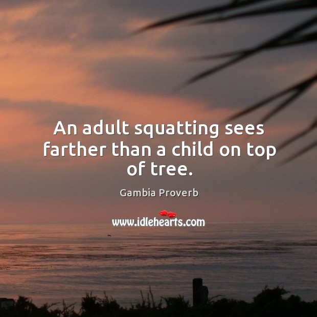 An adult squatting sees farther than a child on top of tree. Gambia Proverbs Image