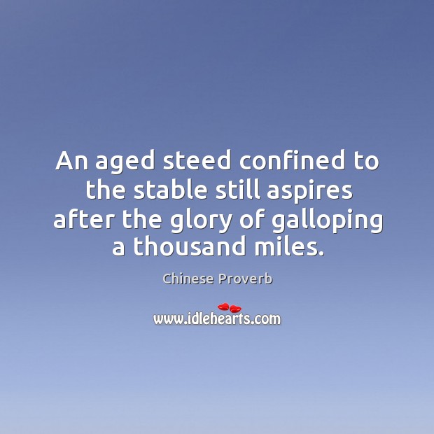 An aged steed confined to the stable still aspires after the glory of galloping a thousand miles. Image