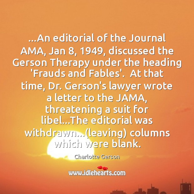 …An editorial of the Journal AMA, Jan 8, 1949, discussed the Gerson Therapy under Image
